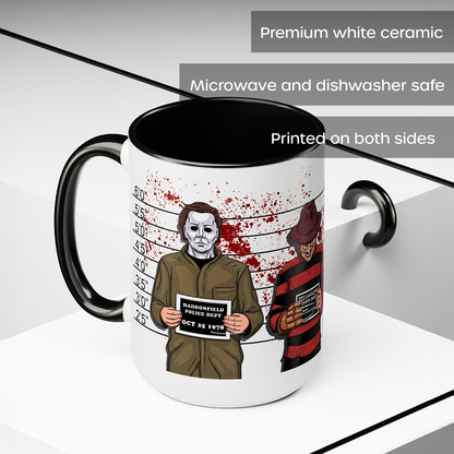 A white ceramic mug with a black interior and handle, featuring a horror-themed print of Michael Myers and Freddy Krueger on the front. The background is a clean white studio setting with text overlays highlighting product features like 'Premium white ceramic', 'Microwave and dishwasher safe', and 'Printed on both sides'.