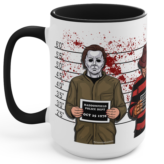 A white ceramic mug with a black handle and black interior, printed with a horror-themed graphic featuring Michael Myers' mugshot on a height chart with red blood splatters and a second character at the side.