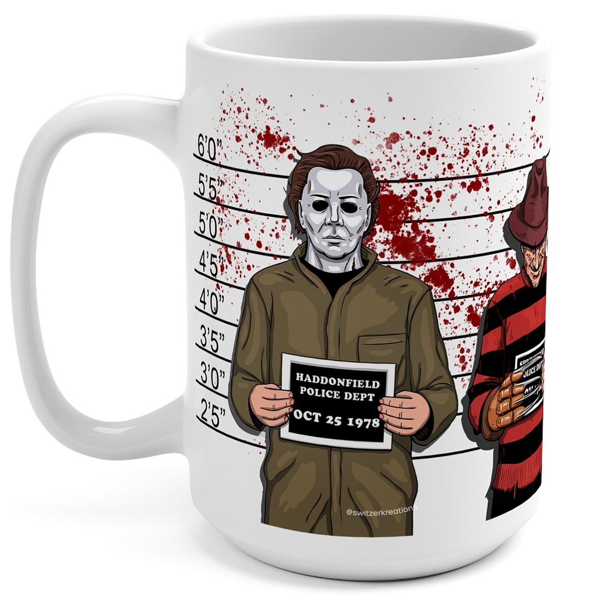 A white ceramic mug featuring a horror-themed graphic print of Michael Myers in a Haddonfield police deputy mugshot and Freddy Krueger, with red blood splatters and height lines on a white background.