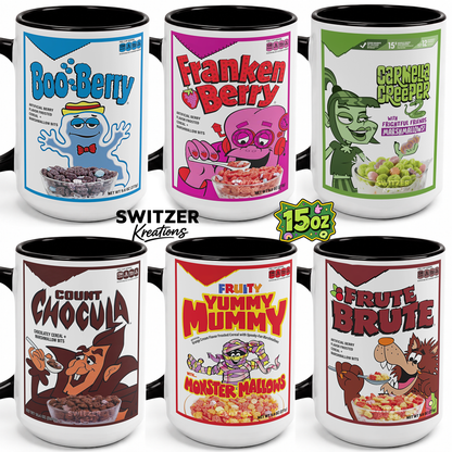 Six black and white accent ceramic 15 oz mugs featuring retro cartoon cereal box designs. The mugs include Boo-Berry, Franken Berry, Gernelle's Greepers, Count Chocula, Fruity Yummy Mummy, and Fruite Brute.