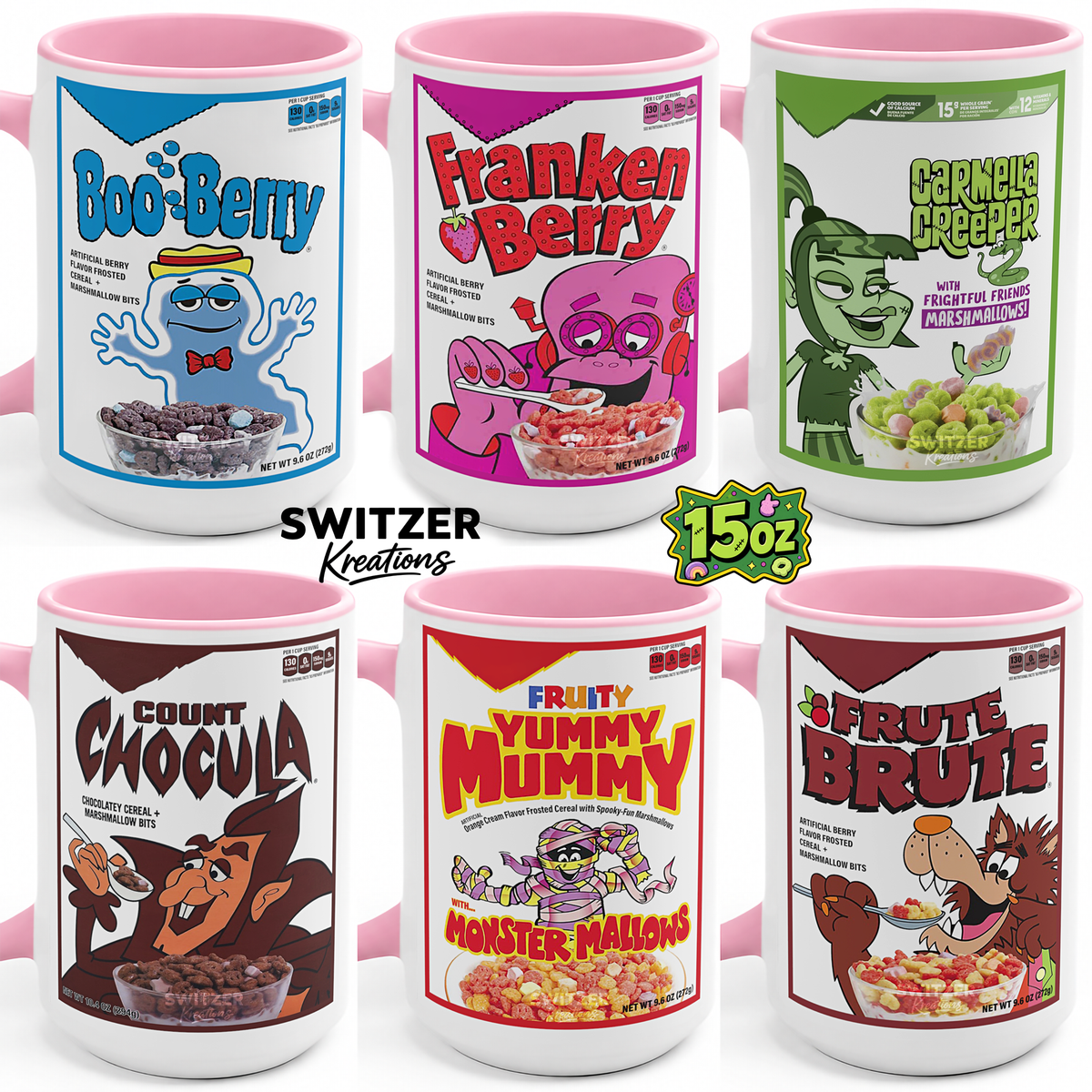 Six pink and white accent ceramic 15 oz mugs featuring retro cartoon cereal box designs. The mugs include Boo-Berry, Franken Berry, Gernelle's Greepers, Count Chocula, Fruity Yummy Mummy, and Fruite Brute.
