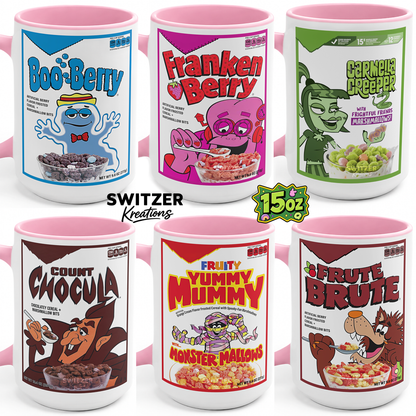 Six pink and white accent ceramic 15 oz mugs featuring retro cartoon cereal box designs. The mugs include Boo-Berry, Franken Berry, Gernelle's Greepers, Count Chocula, Fruity Yummy Mummy, and Fruite Brute.