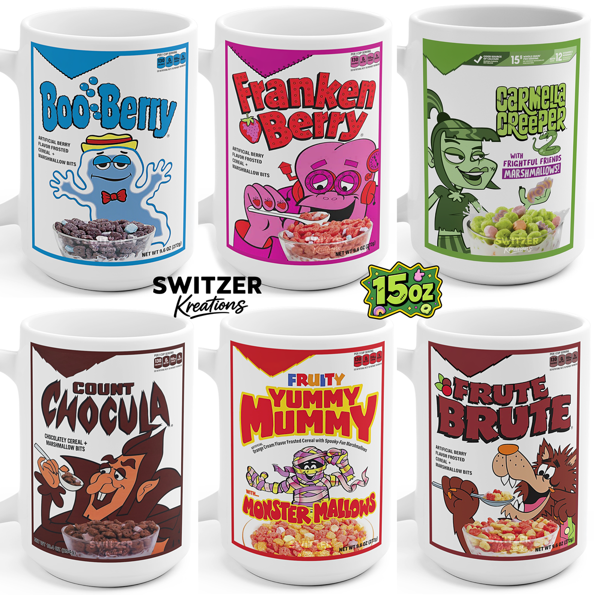 Six white ceramic 15 oz mugs featuring retro cartoon cereal box designs. The mugs include Boo-Berry, Franken Berry, Gernelle's Greepers, Count Chocula, Fruity Yummy Mummy, and Fruite Brute.