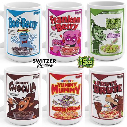 Six white ceramic 15 oz mugs featuring retro cartoon cereal box designs. The mugs include Boo-Berry, Franken Berry, Gernelle's Greepers, Count Chocula, Fruity Yummy Mummy, and Fruite Brute.
