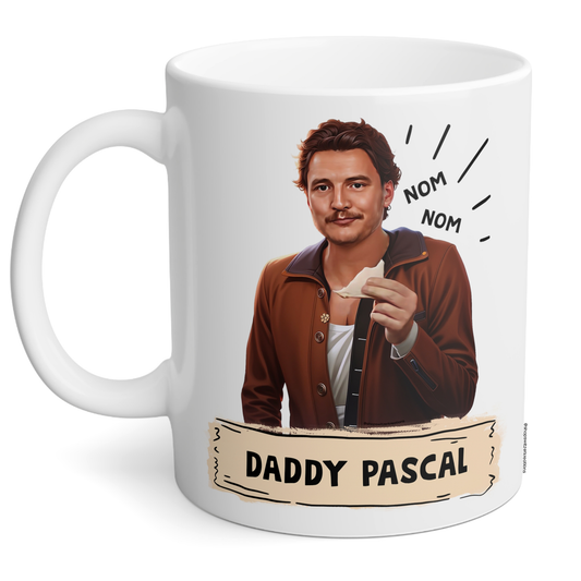 11 Oz White ceramic coffee mug featuring a detailed illustration of Pedro Pascal with a charming expression, perfect for fans of the beloved actor. Durable, glossy finish with a comfortable handle, ideal for everyday use or as a unique gift.