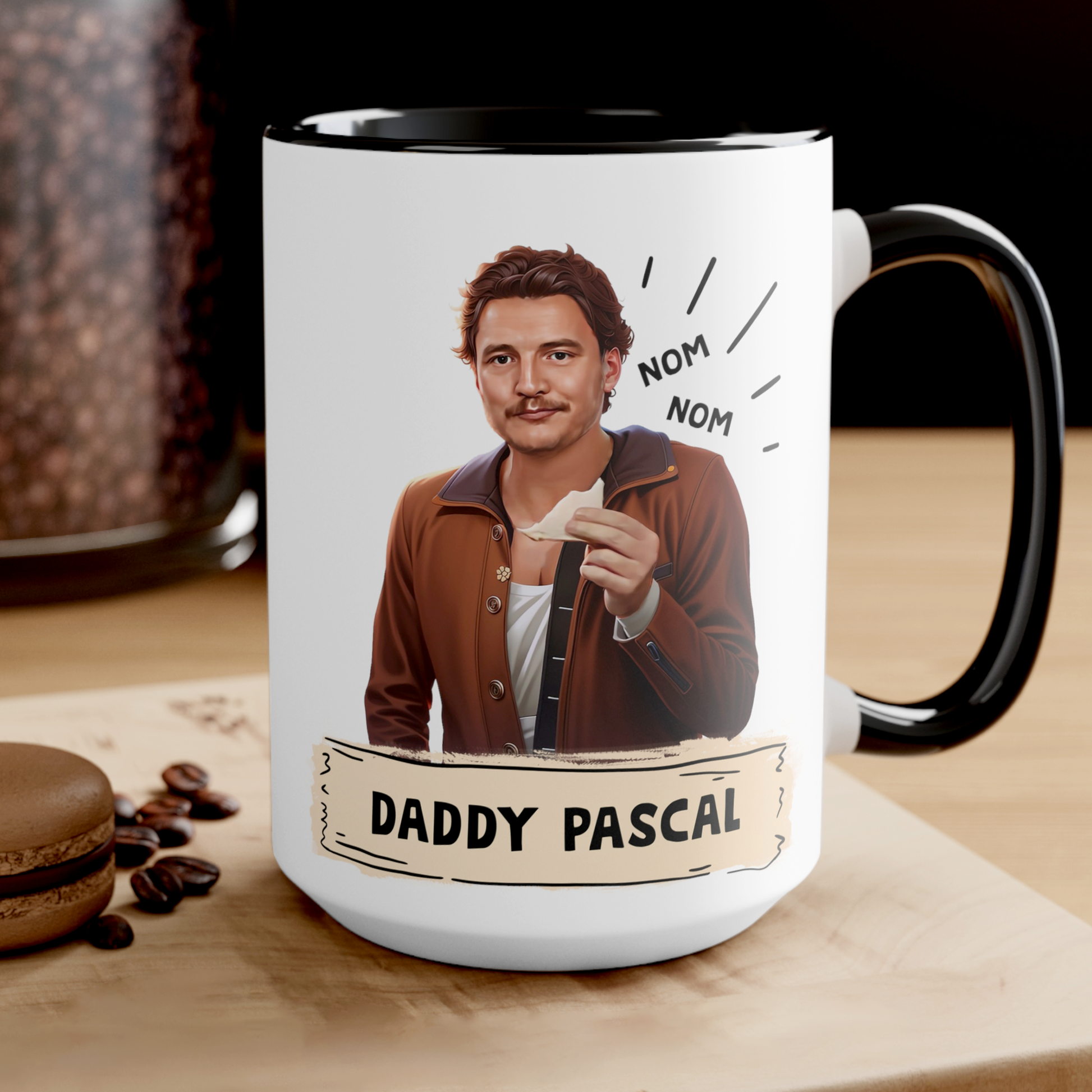 A Black and White ceramic coffee mug featuring a detailed illustration of Pedro Pascal with a charming expression, perfect for fans of the beloved actor. Durable, glossy finish with a comfortable handle, ideal for everyday use or as a unique gift.
