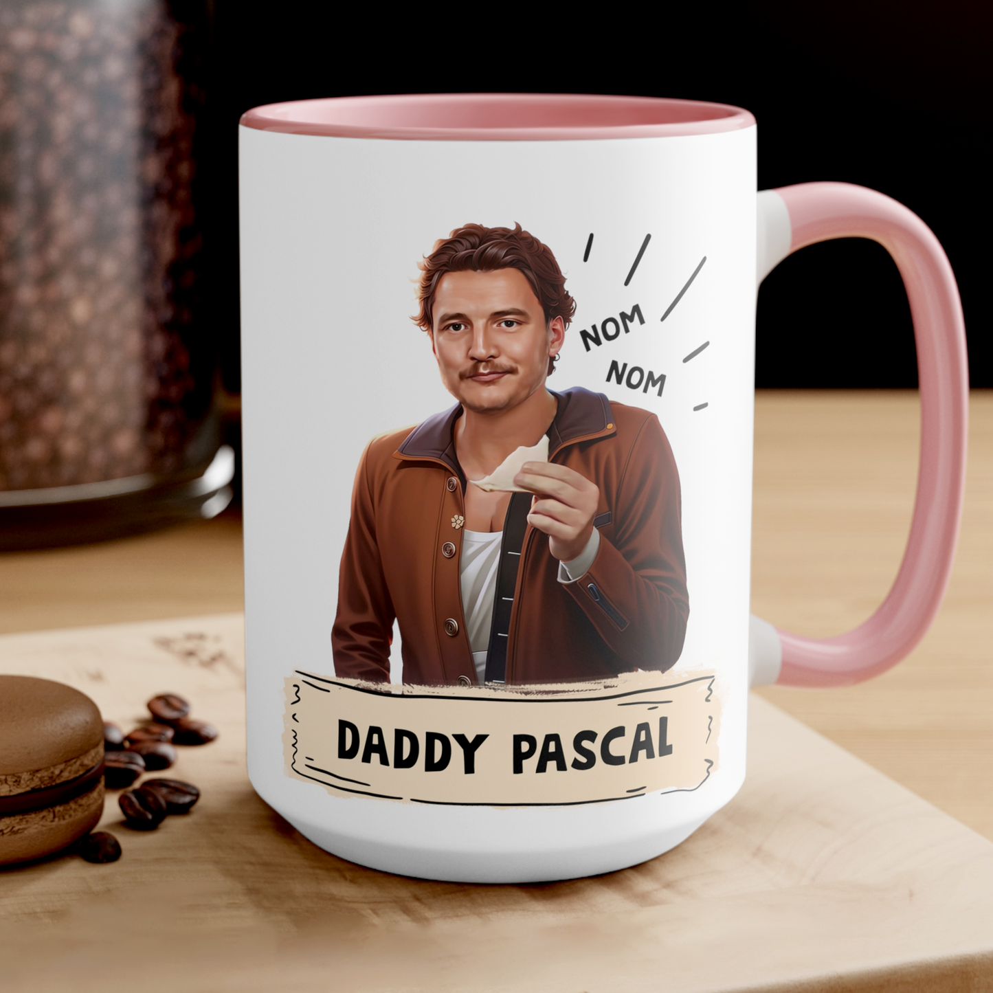 A Pink and White ceramic coffee mug featuring a detailed illustration of Pedro Pascal with a charming expression, perfect for fans of the beloved actor. Durable, glossy finish with a comfortable handle, ideal for everyday use or as a unique gift.
