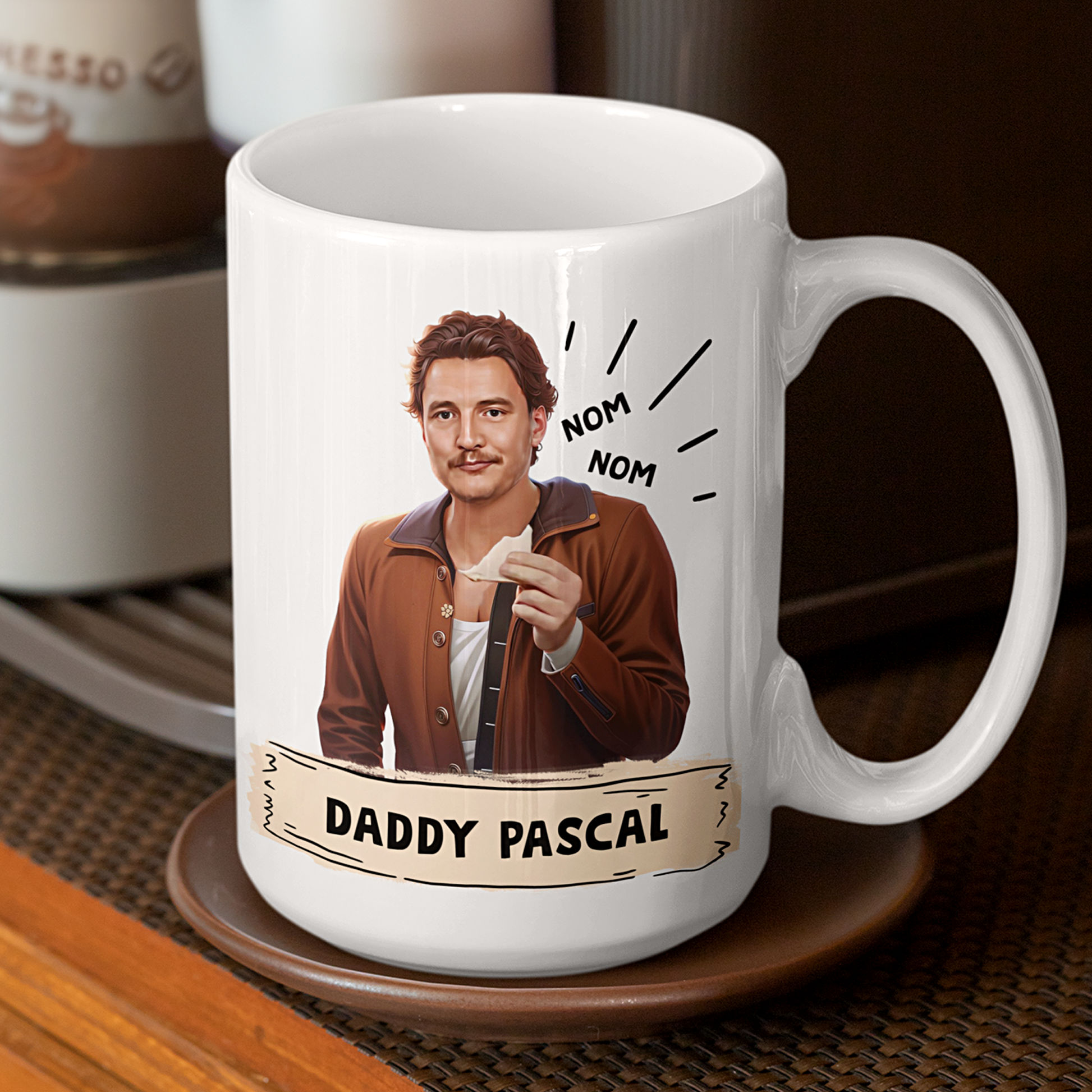 A 15 oz White ceramic coffee mug featuring a detailed illustration of Pedro Pascal with a charming expression, perfect for fans of the beloved actor. Durable, glossy finish with a comfortable handle, ideal for everyday use or as a unique gift.