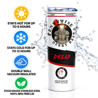 Pennywise Derry Brew 20 oz skinny tumbler with stainless steel vacuum insulation, BPA-free lid, 8-hour hot and 12-hour cold drink features.
