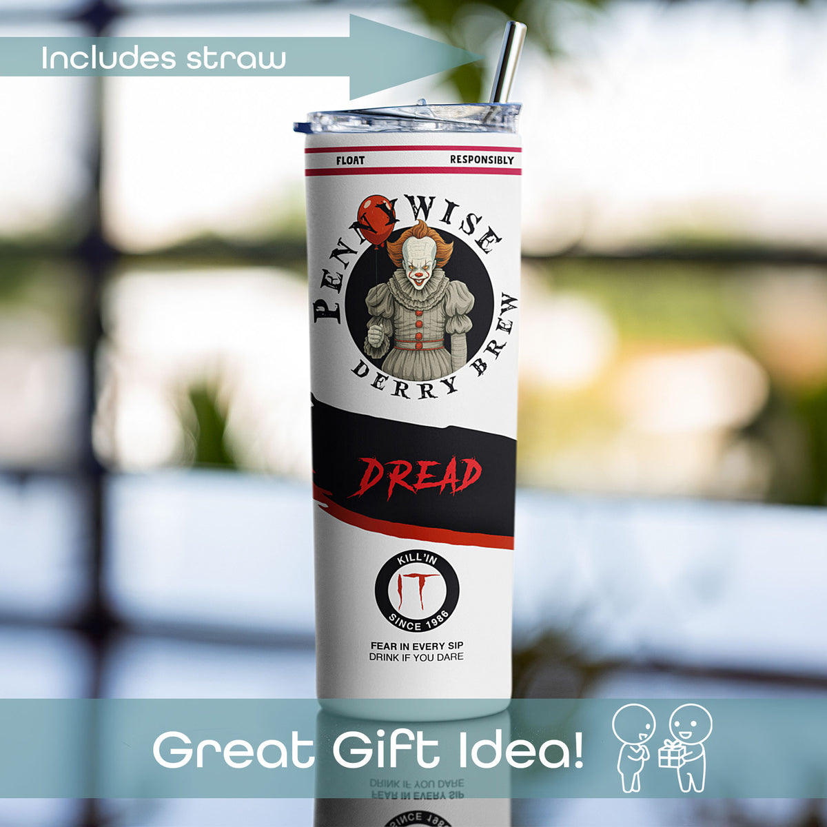 Pennywise Derry Brew 20 oz horror tumbler with reusable straw displayed outdoors as a Halloween gift idea.