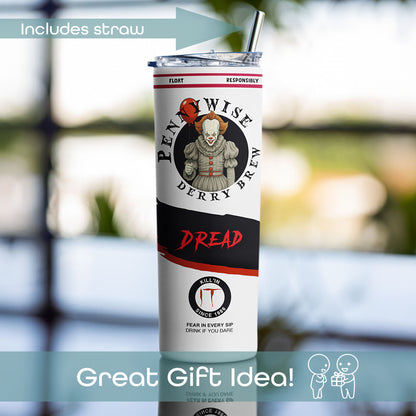 Pennywise Derry Brew 20 oz horror tumbler with reusable straw displayed outdoors as a Halloween gift idea.