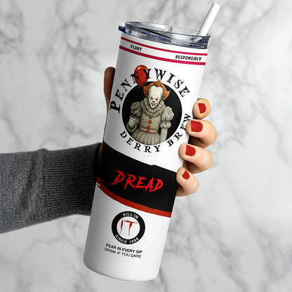 Hand holding Pennywise Derry Brew 20 oz stainless steel skinny tumbler with straw and horror clown design.