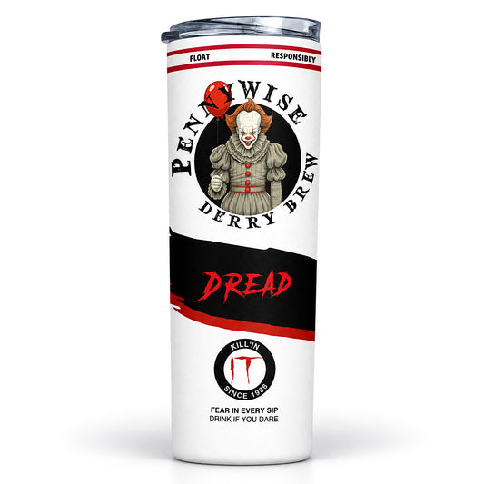 Pennywise Derry Brew 20 oz skinny tumbler front view with red balloon clown artwork, Dread graphic and clear sliding lid.