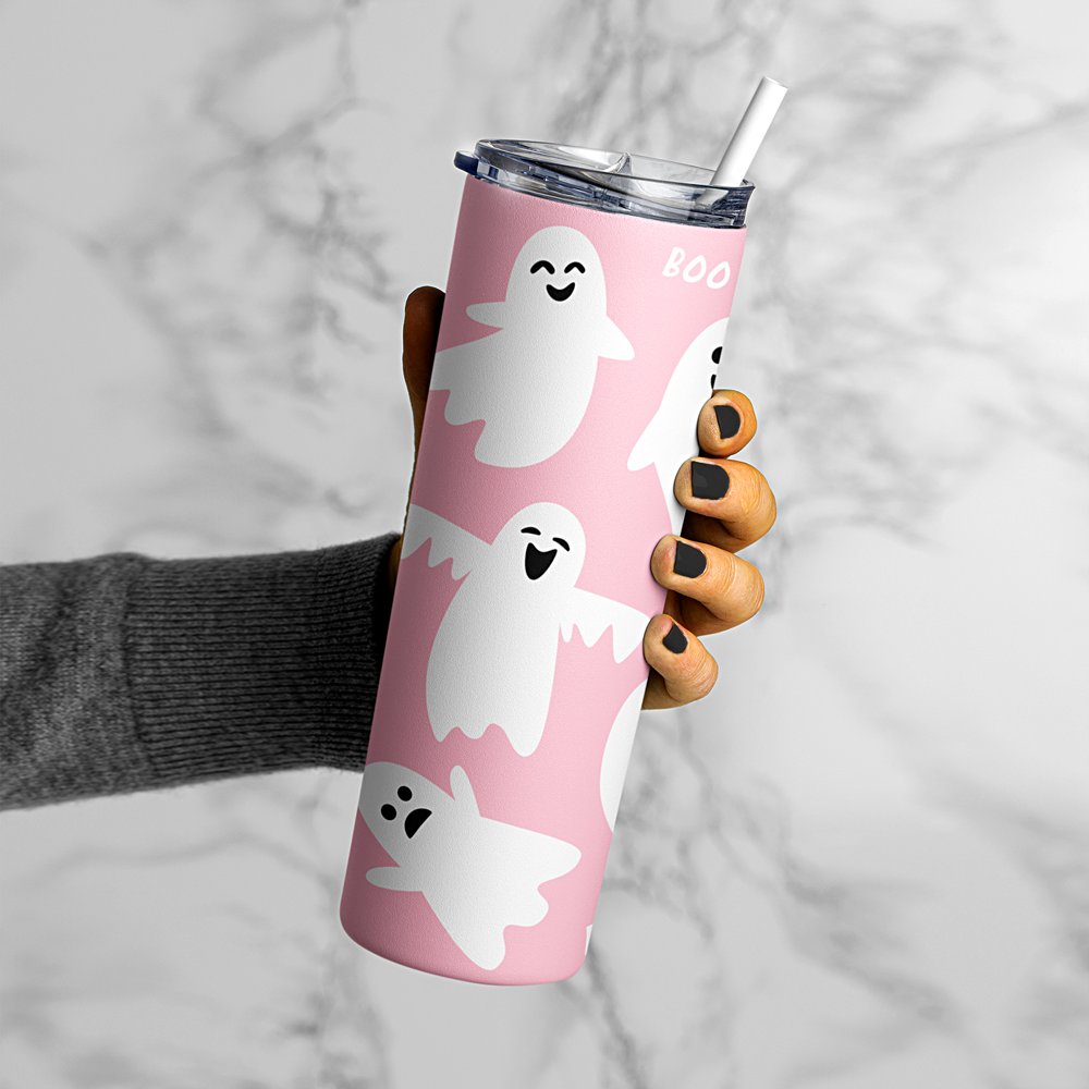 Boo! Cute Pink Ghost Tumbler - 20oz Insulated w/Lid and Straw