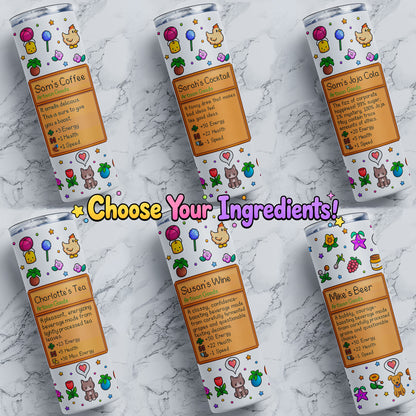 Personalized stardew valley pixel farm game 20oz stainless steel tumblers with custom name ingredients, tea, cocktail, beer, wine and coffee card, colorful full wrap design, lid and straw