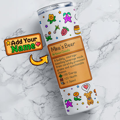 Personalized stardew valley pixel farm game 20oz stainless steel tumbler with custom name beer card, colorful full wrap design, lid and straw
