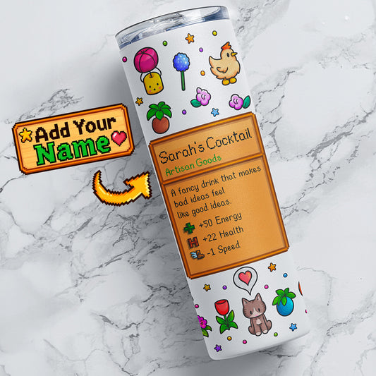 Personalized stardew valley pixel farm game 20oz stainless steel tumbler with custom name cocktail card, colorful full wrap design, lid and straw