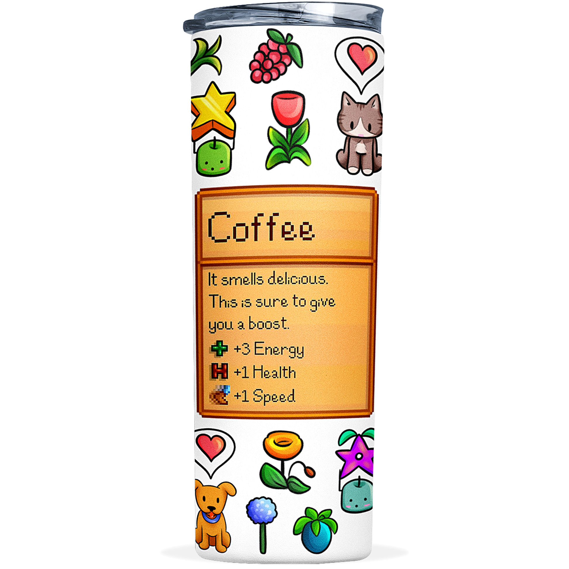 Stardew Valley inspired tumbler featuring cute illustrations of all the characters, with optional coffee or tea ingredients design – perfect for fans of cozy gaming and farmhouse vibes.