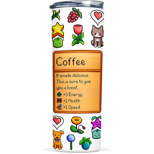 Stardew Valley inspired tumbler featuring cute illustrations of all the characters, with optional coffee or tea ingredients design – perfect for fans of cozy gaming and farmhouse vibes.