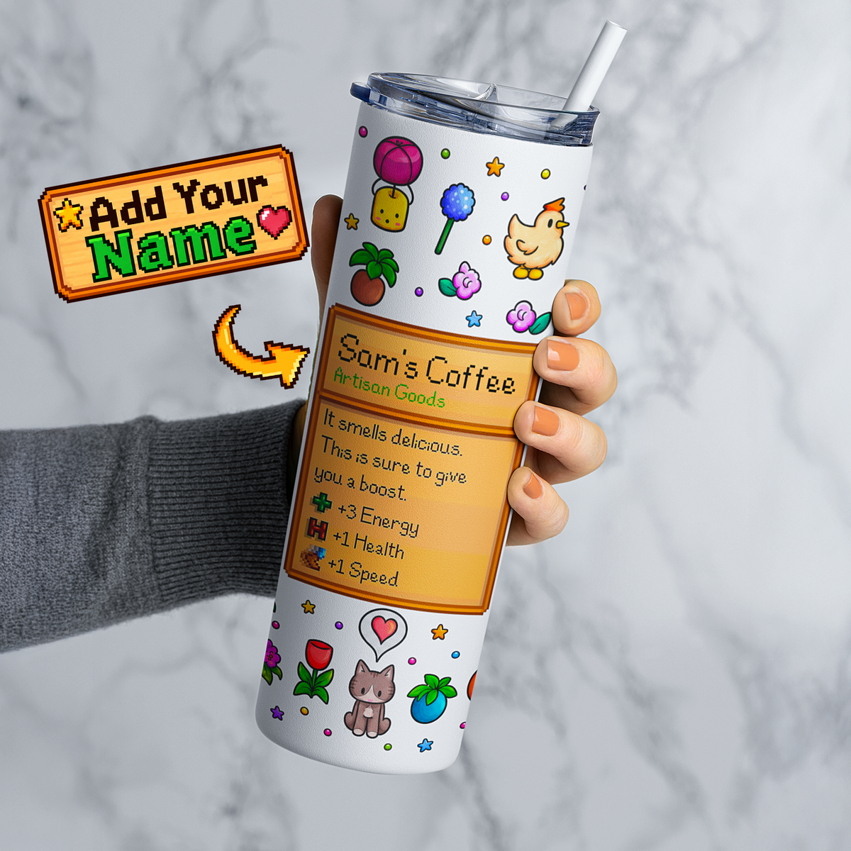 Hand holding personalized stardew valley  pixel farm game tumbler with custom name coffee item card, colorful icons, clear lid and reusable straw