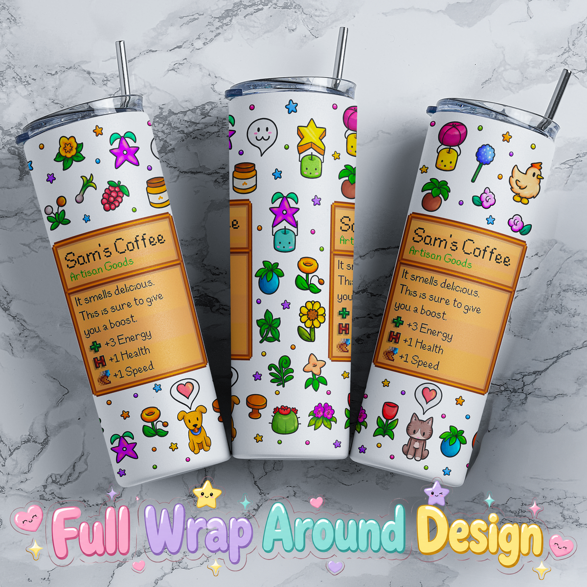 Three personalized stardew valley pixel farm game tumblers showing colorful full wrap artwork with flowers, animals, plants and custom item cards