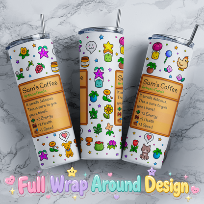 Three personalized stardew valley pixel farm game tumblers showing colorful full wrap artwork with flowers, animals, plants and custom item cards