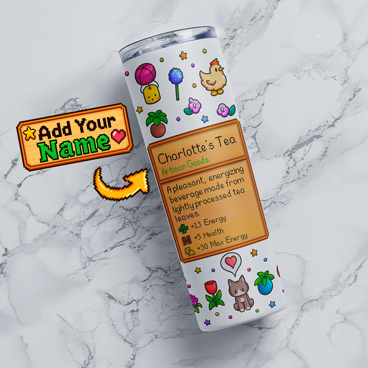 Personalized stardew valley pixel farm game tumbler with custom name tea item card, colorful flowers, chicken, cat and full wrap artwork