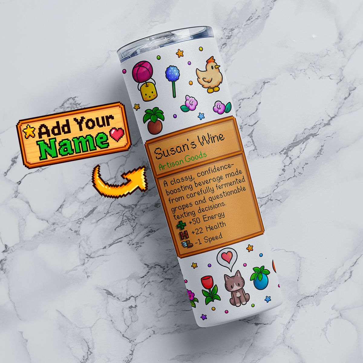 Personalized stardew valley pixel farm game tumbler with custom name wine item card and colorful full wrap flowers, animals and retro pixel artwork