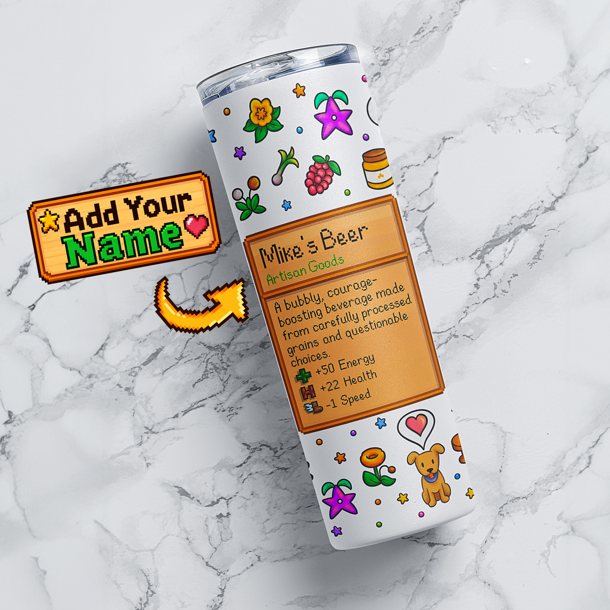 Personalized stardew valley pixel farm game tumbler with custom name beer item card, colorful floral and animal icons in a full wrap design