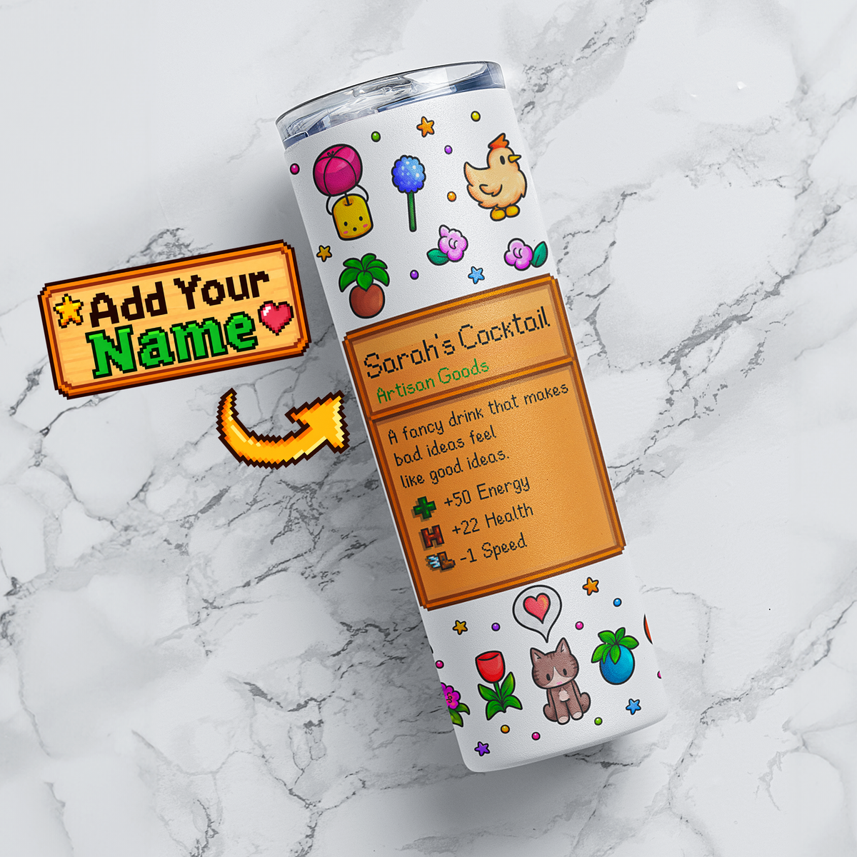 Personalized stardew valley pixel farm game 20oz stainless steel tumbler with custom name coffee card, colorful full wrap design, lid and straw