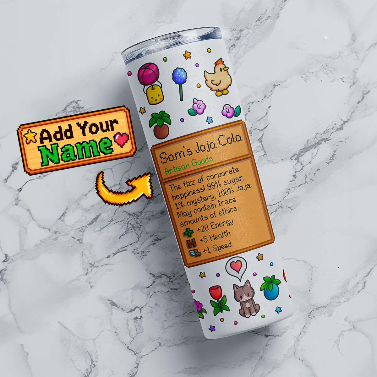 Personalized stardew valley pixel farm game tumbler with custom name joja cola item card, colorful flowers, chicken, cat and retro pixel wrap