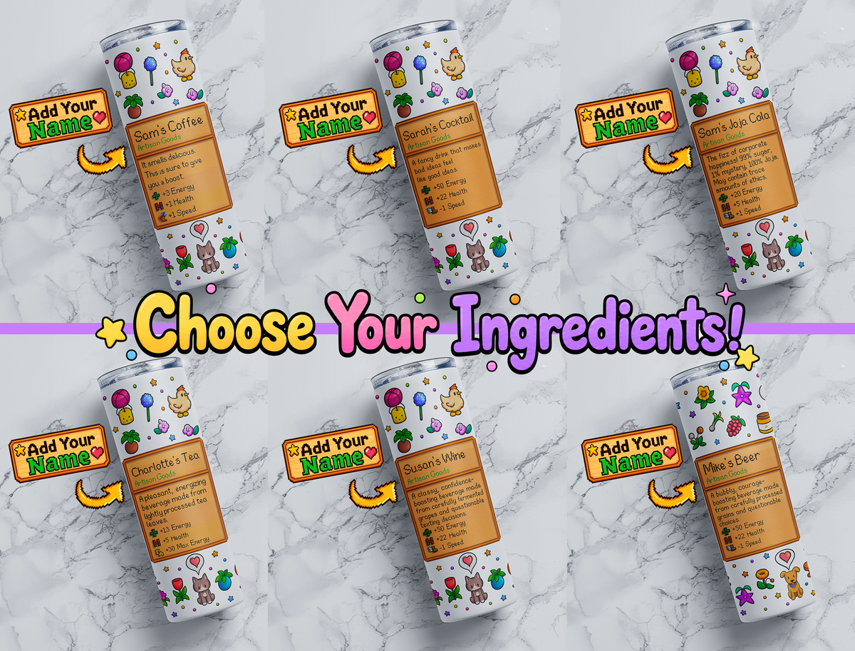 Personalized stardew valley pixel farm game tumbler options showing coffee, cocktail, cola, tea, wine and beer custom name item card designs