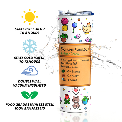 Insulated personalized stardew valley pixel farm game tumbler showing hot and cold performance, double wall stainless steel and BPA free lid features