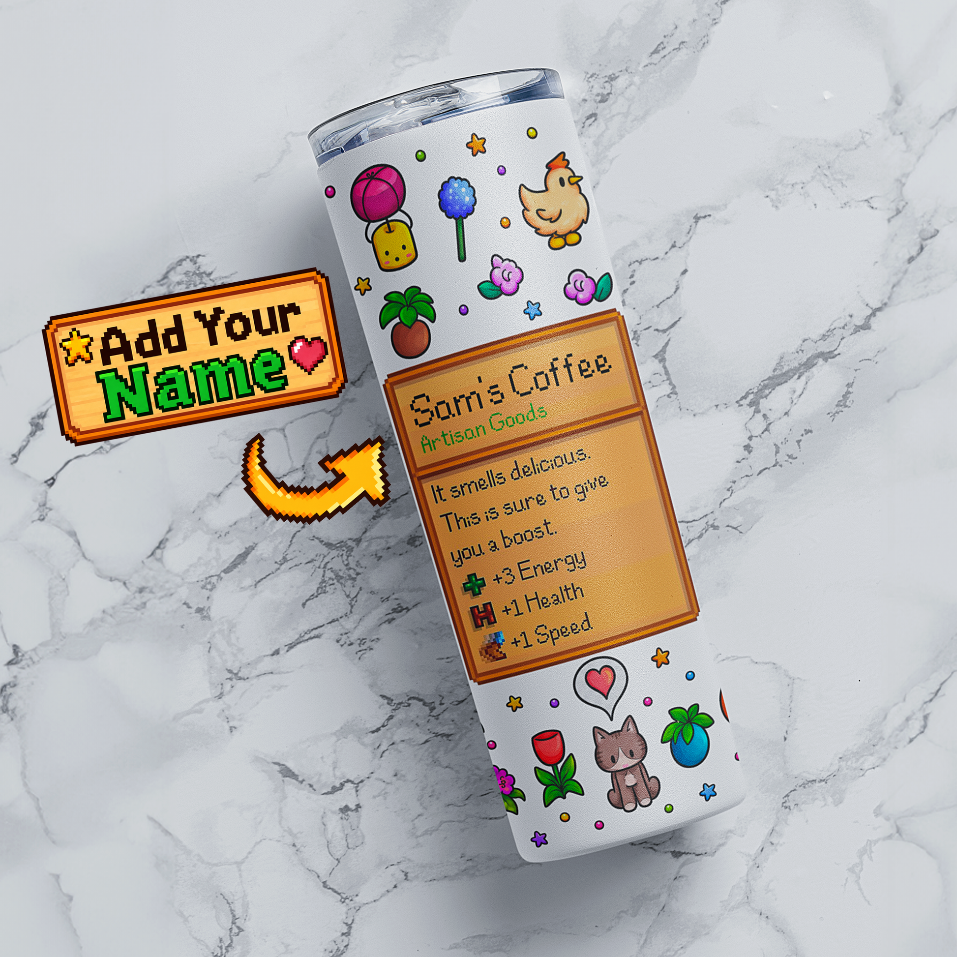 Personalized stardew valley pixel farm game tumbler with custom name coffee item card and colorful full wrap flowers, animals and retro pixel artwork