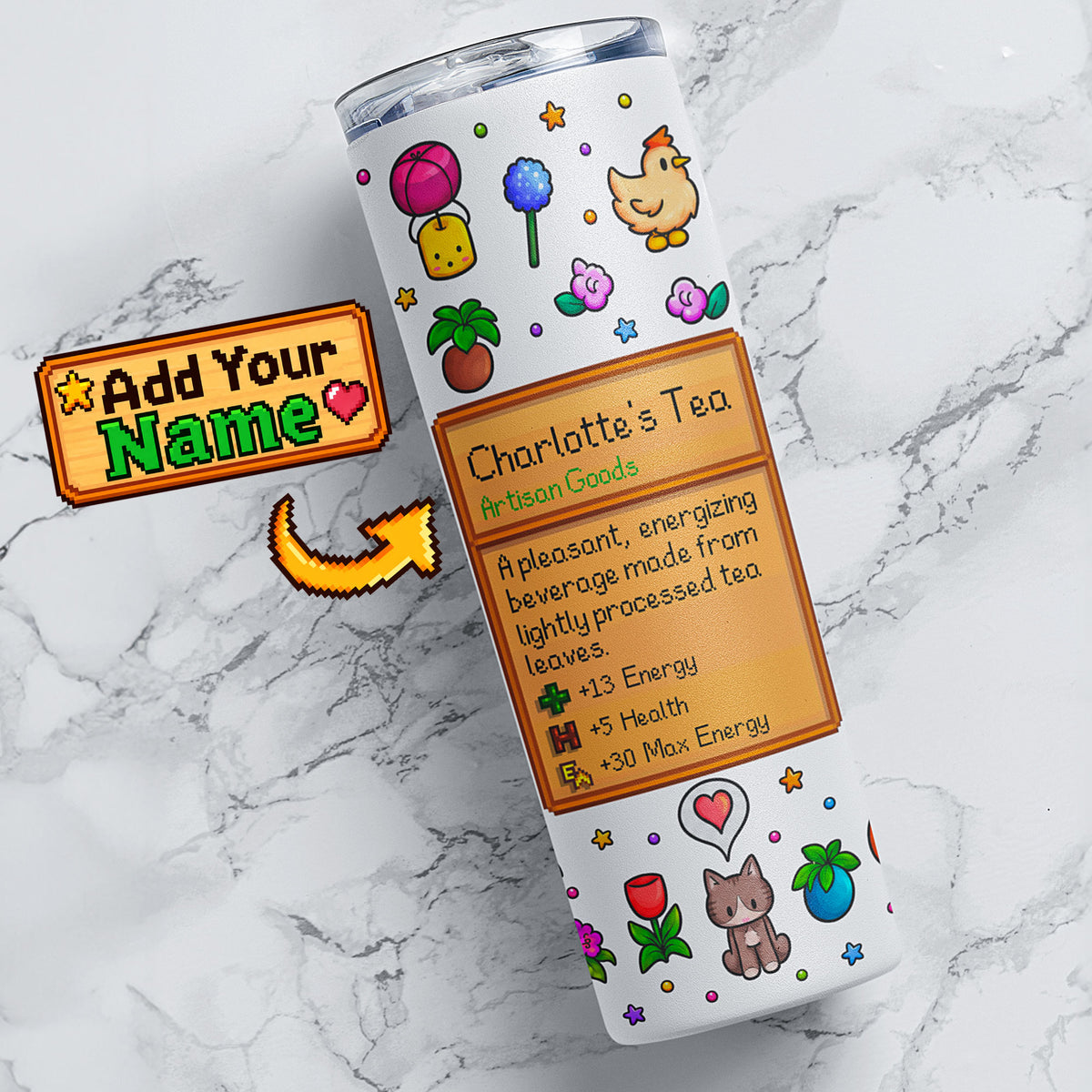 Personalized stardew valley pixel farm game 20oz stainless steel tumbler with custom name tea card, colorful full wrap design, lid and straw