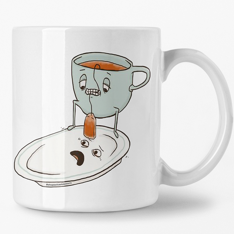 Mug with cartoon design of a cup tea bagging a plate | by Switzer Kreations