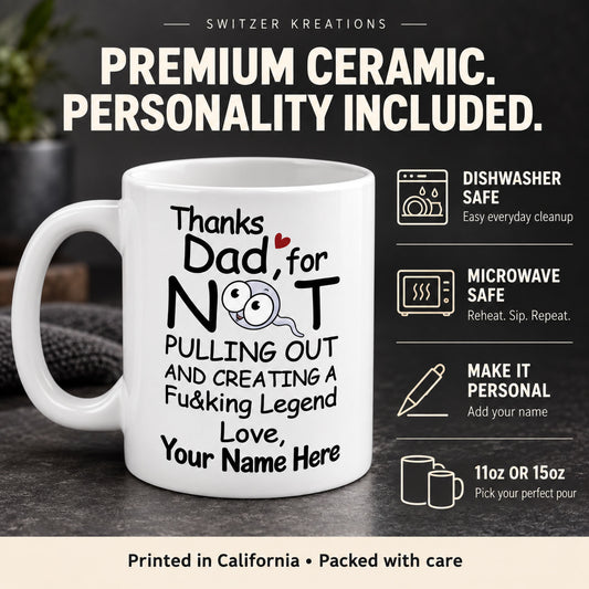 Personalized funny Dad ceramic mug with dishwasher safe, microwave safe, custom name, and 11 oz or 15 oz size details