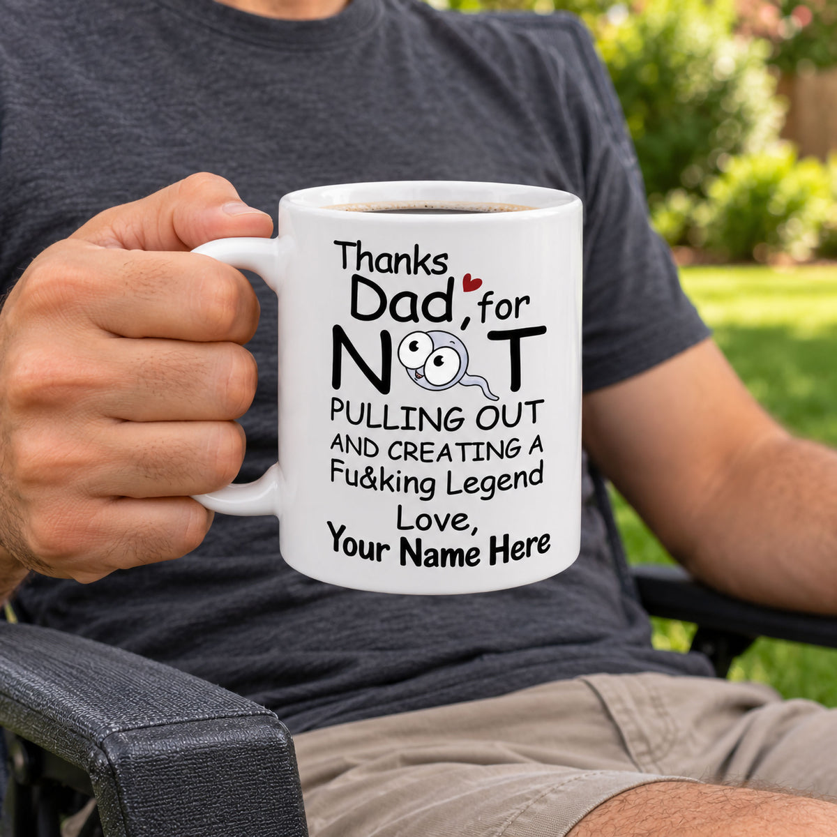 Man holding personalized funny Dad coffee mug outdoors, custom name Father’s Day gift for dad