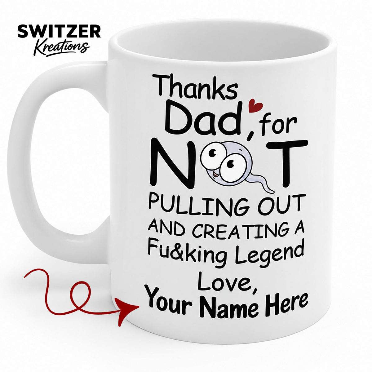 Personalized funny Dad 11 oz white ceramic mug with custom name and humorous Father’s Day design
