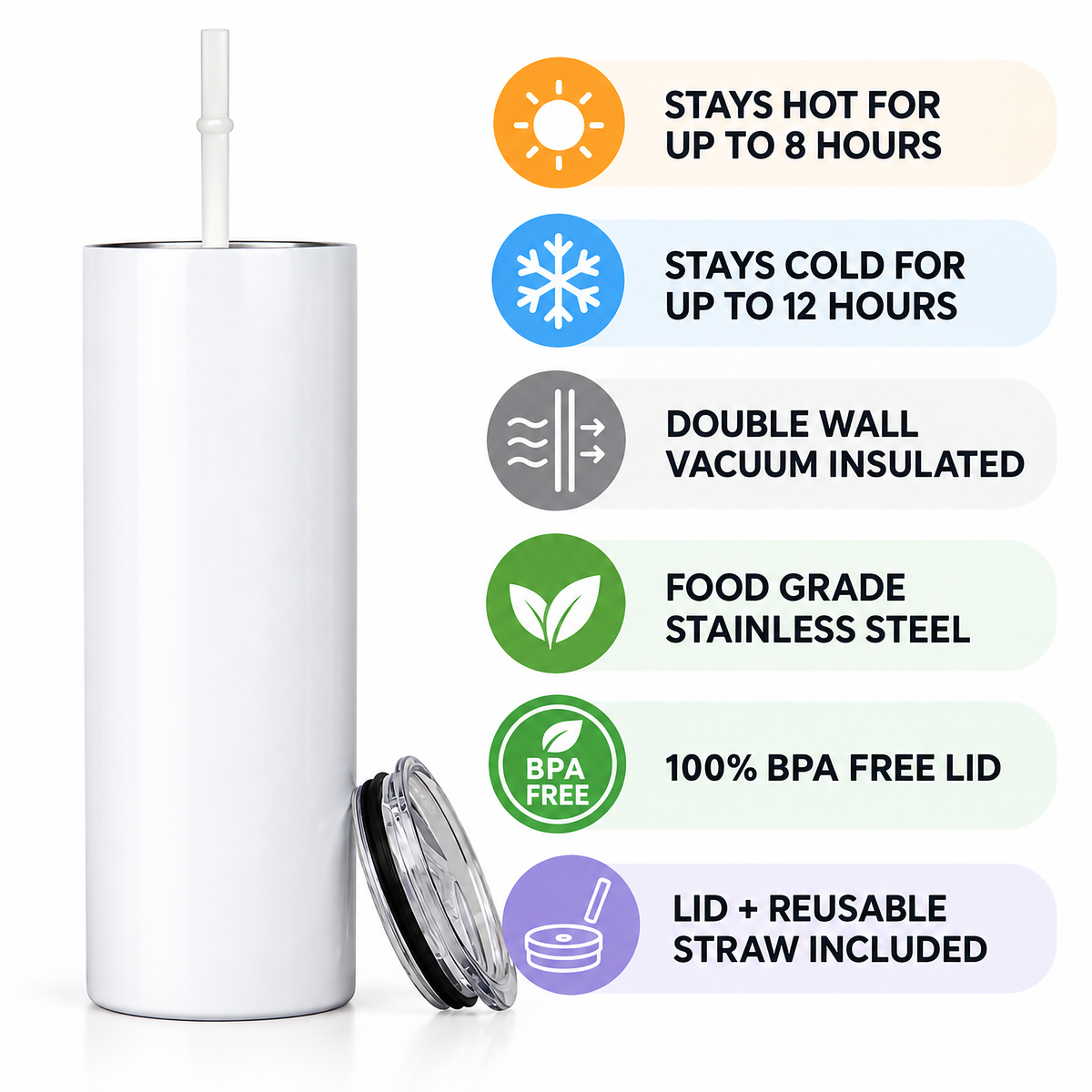A tall white insulated tumbler with a clear lid and straw, shown beside a matching lid and a vertical list of feature callouts including 8-hour hot retention, 12-hour cold retention, double wall vacuum insulation, food grade stainless steel, 100% BPA free lid, and lid plus reusable straw included.