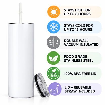 A tall white insulated tumbler with a clear lid and straw, shown beside a matching lid and a vertical list of feature callouts including 8-hour hot retention, 12-hour cold retention, double wall vacuum insulation, food grade stainless steel, 100% BPA free lid, and lid plus reusable straw included.