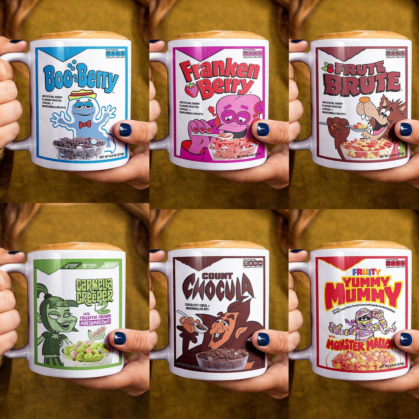 Monster cereal mug set of 6 vintage-inspired Halloween ceramic coffee mugs
