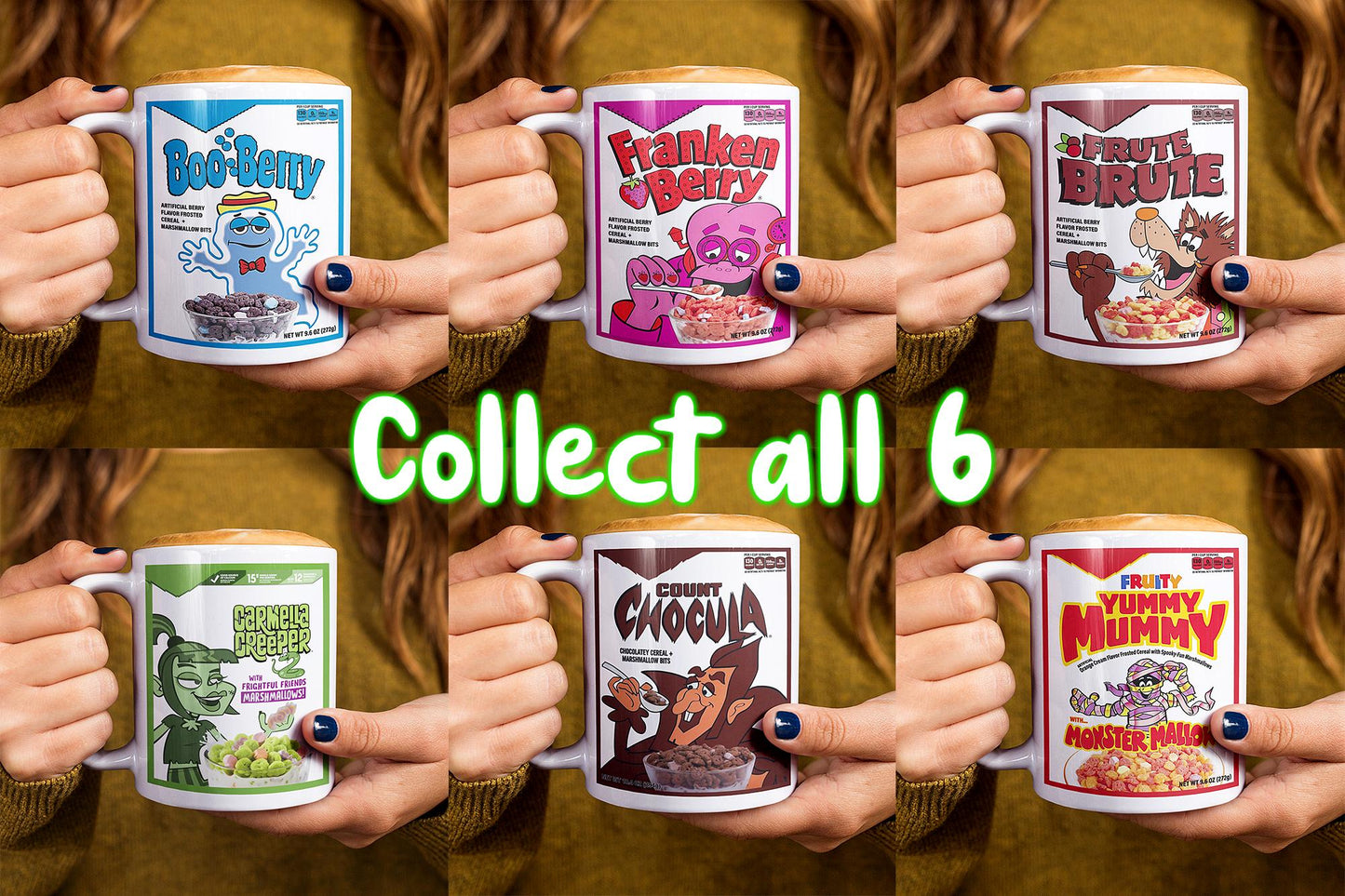 Complete set of six retro monster cereal ceramic coffee mugs