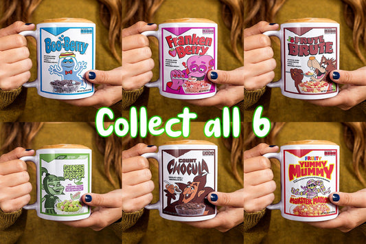 Complete set of six retro monster cereal ceramic coffee mugs