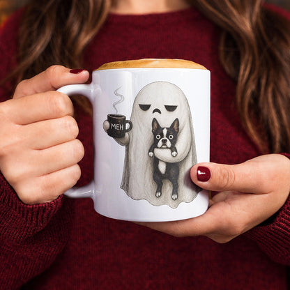 Halloween ghost dog ceramic coffee mug, funny coffee lover and dog owner gift