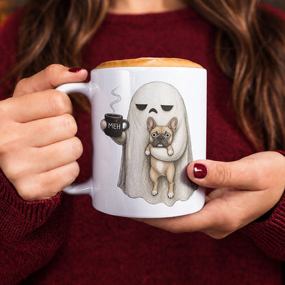 Spooky season dog breed mug with ghost holding coffee, cute pet parent gift