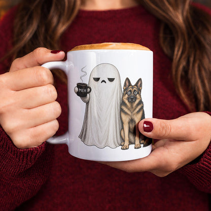 Funny Halloween dog lover mug with spooky ghost coffee artwork, 11oz and 15oz