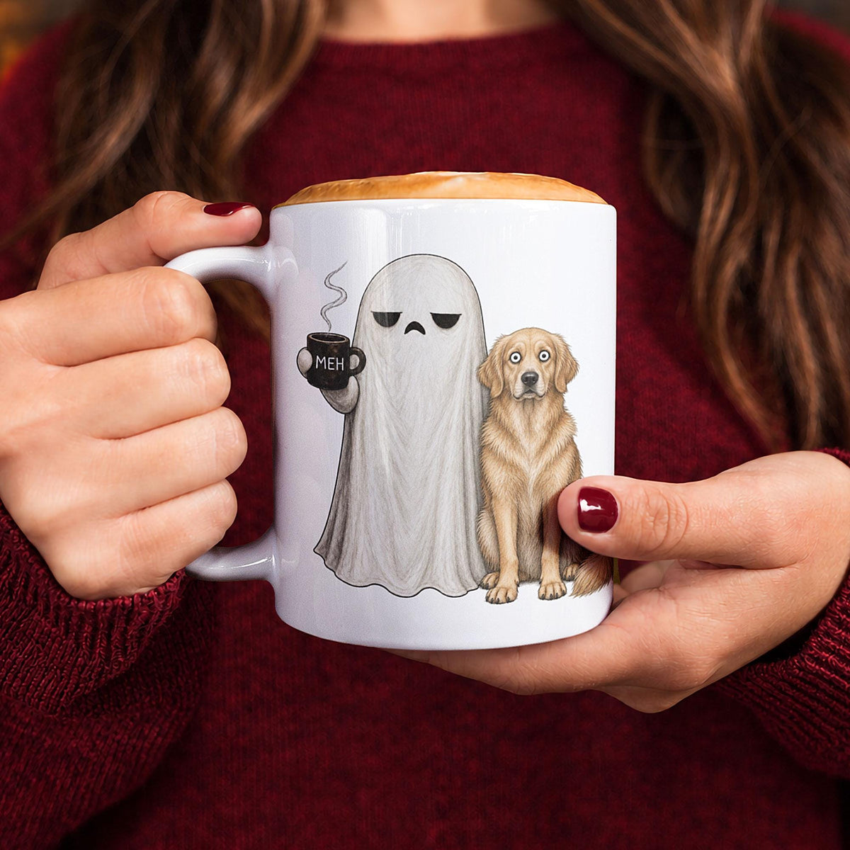 Ghost dog coffee cup with selectable breed and MEH design, spooky pet lover gift