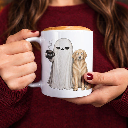 Ghost dog coffee cup with selectable breed and MEH design, spooky pet lover gift