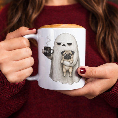 Cute ghost and dog illustration mug with MEH coffee theme, choose your breed